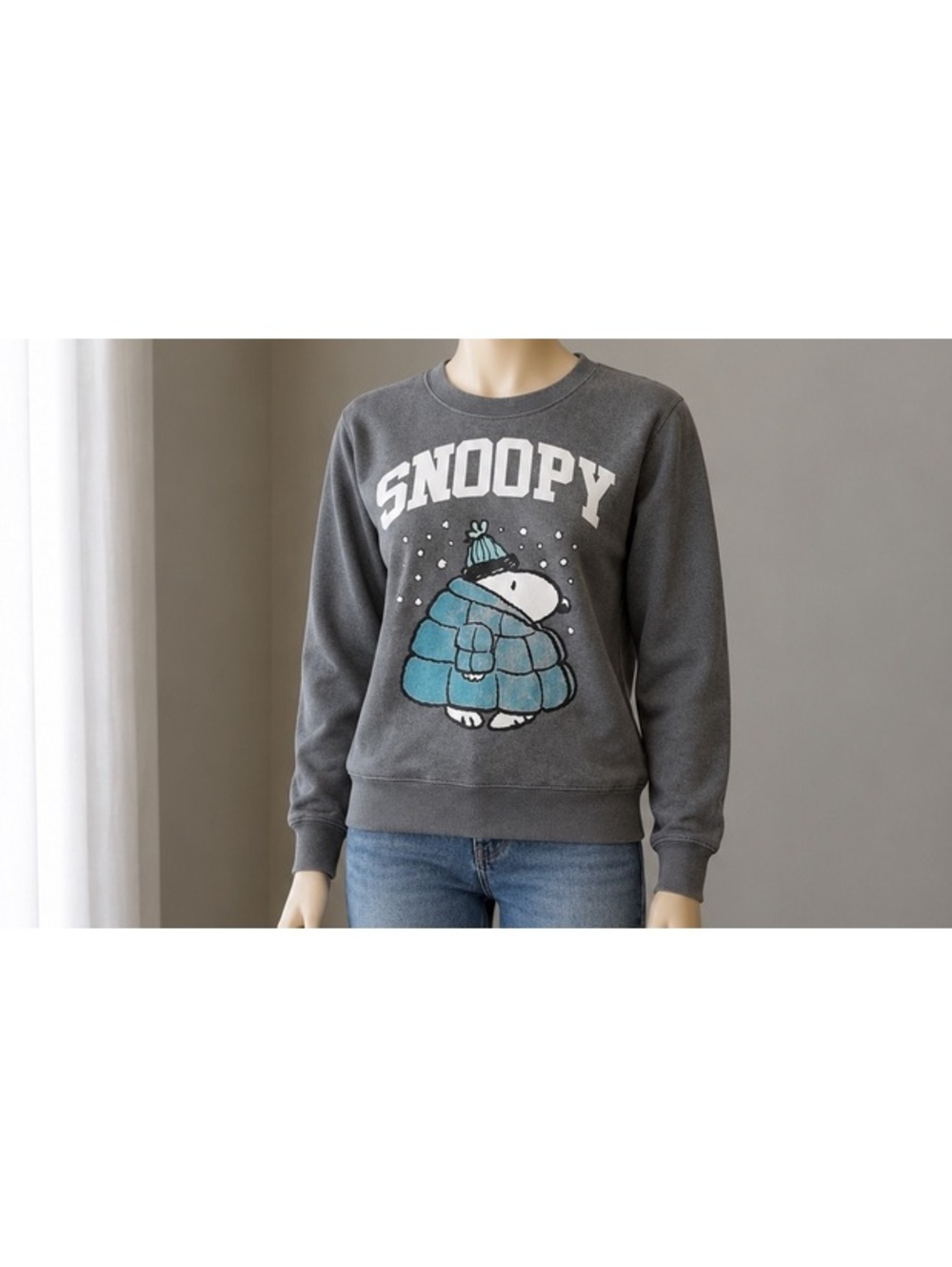Peanuts Snoopy Puffer Coat Sweatshirt Adult S Gray Flocked Winter Graphic